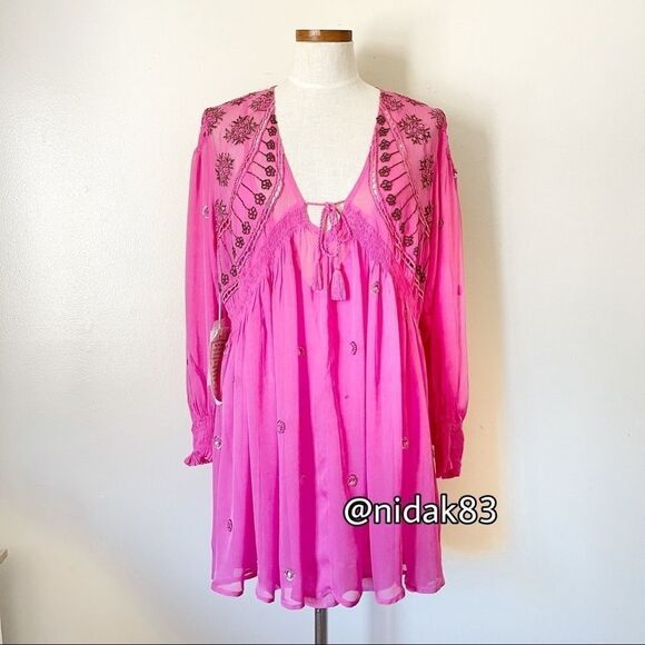 Free People Neon Moon Pink Embellished Babydoll Mini Dress NWT Boho SMALL - Picture 2 of 10